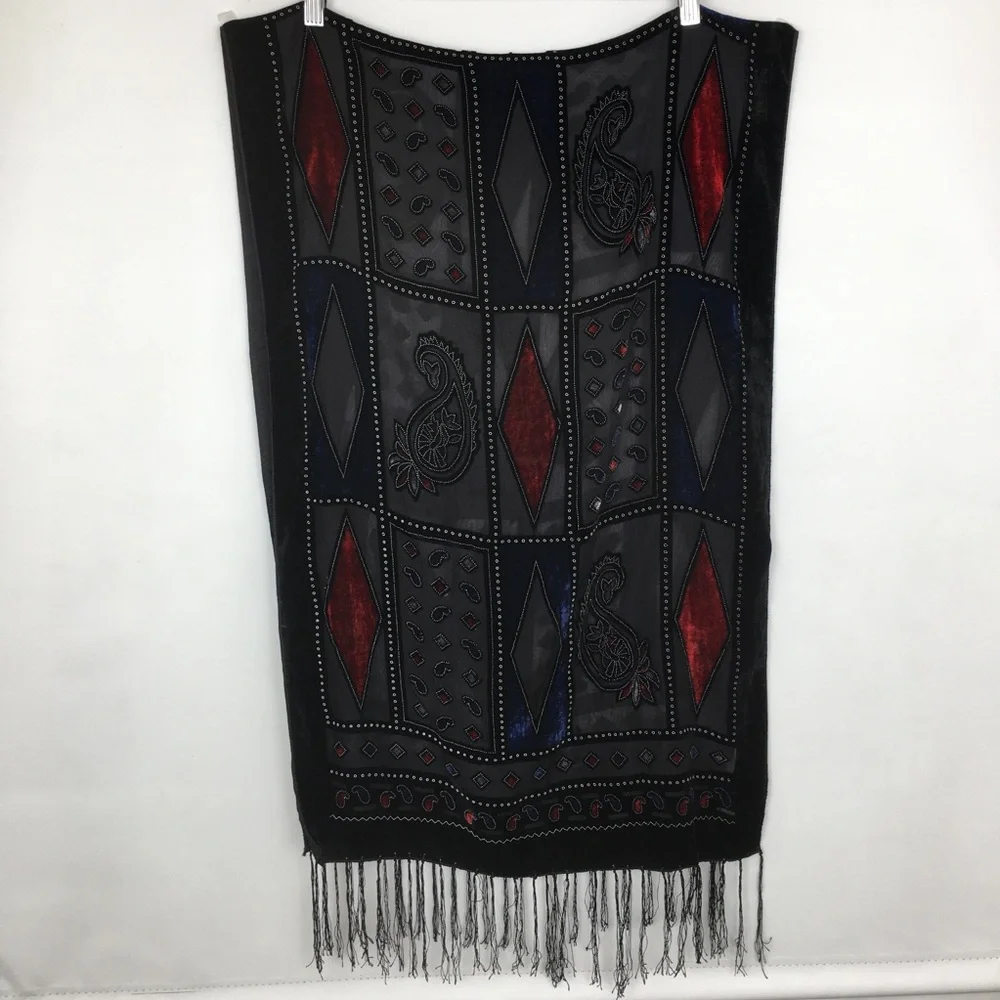 Black Velvet Burnout Paisley Silk-Blend Shawl Scarf Wrap Red & Blue Diamonds